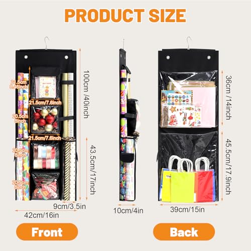 Hanging Gift Wrapping Paper Storage, 40x16 inch Double-Sided Gift Wrap Organizer Christmas Wrapper Paper Container, Craft Roll Organizer Behind The Door Storage Haevy Duty Oxford Gift Bag Holder