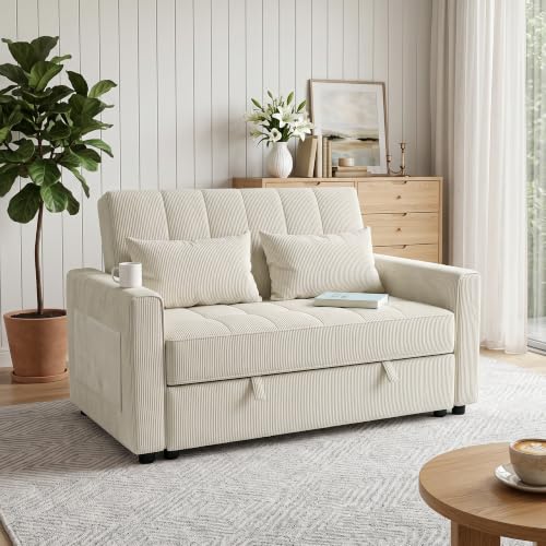 Anmutig Corduroy Sofa Bed, Convertible Sleeper Sofa for Small Space, Beige | Adjustable Backrest, Solid Wood Frame, Metal Connectors, Foam Cushions, Side Pocket, 2 Pillows Included, Easy Assembly