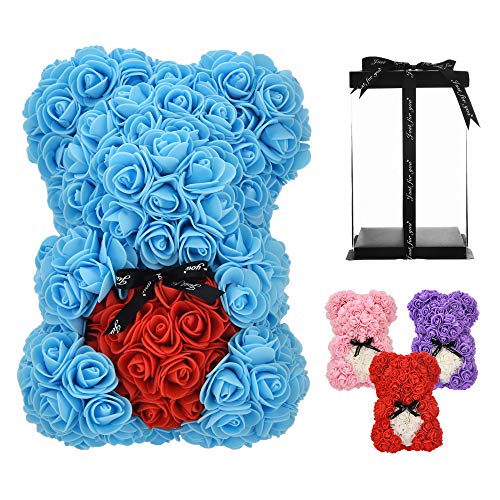 Rose Bear - Women Gifts for mom Gifts for Girlfriend Birthday Gifts Anniversary Unique Gifts Ideas Gifts for her, Rose Teddy Bear Flowers Bear Artificial Rose Flowers - Rose Bear with Box (Blue)