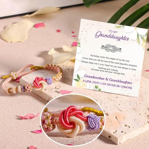 Image of Granddaughter Bracelet for Women, Cute Pink Peach Blossom Knot Bracelet from Grandma Trendy Handmade Braided Charms Bracelets Holiday Jewelry Gifts