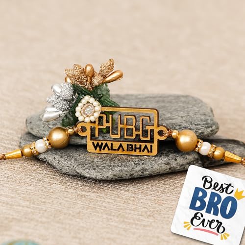 Image of eCraftIndia Golden Pubg Wala Bhai Designer Rakhi for Brother with Best Bro Ever Fridge Magnet and Roli Chawal Pack