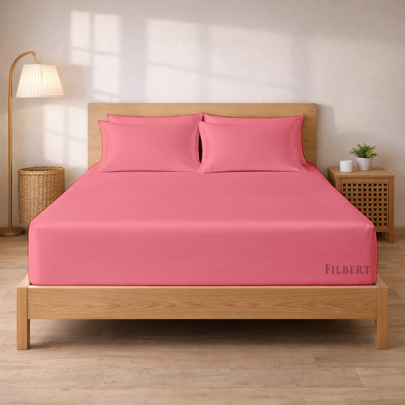 Image of Filbert - Premium Satin Fitted Bedsheet Single Bed (36x75 Inch) with 1 Pillow Cover | Hypoallergenic Breathable | Hair and Skin Friendly, Women Gift Choice|Coral Pink