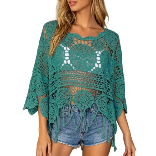 Robe de plage à franges et bords festonnés avec manches 3/4