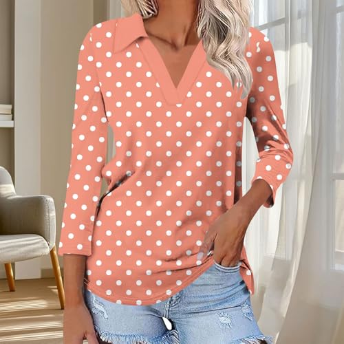 Womens Tops Dressy Casual Collared V Neck Shirts Basic 3/4 Sleeve Blouses Tunic Cotton T-Shirts Trendy Print Clothing4