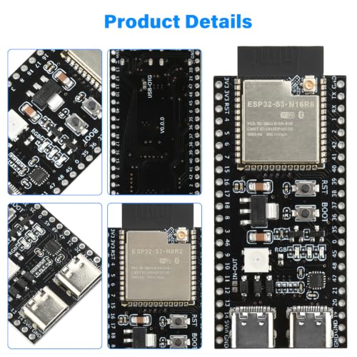 Image of ESP32 S3 N16R8 DevKitC-1 Development Board, 2PCS ESP32-S3 with Dual USB Type-C, WiFi Bluetooth 5.0 for Arduino,Antenna + IPEX Cable (2 Pack)