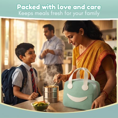 Image of Toy Imagine 6.5L Insulated Lunch Bag for Kids Office School Men Women Smiley Face Tiffin Bag Snack Tote Bag Compact Portable Leak Proof Tiffin Pouch Hot and Cold Lunch Box Bag for Boys & Girls(Green)