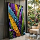 XBTYKPB Bunte Stängel mit Wassertropfen auf Leinwand, abstrakte Makro-Natur-Wandkunst, leuchtende botanische Nahaufnahme, Heimdekorationsbilder (21x30cm/rahmenlos)