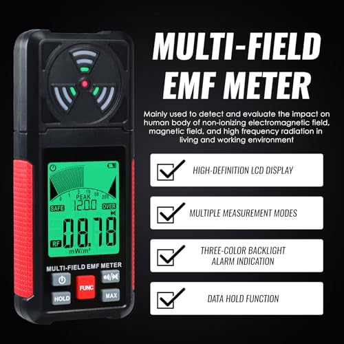 3-in-1 EMF ELF RF Messgerät, AC Elektrisch Magnetisches Strahlungsfeld Detektor Tragbares EMF Messgerät RF Detektor für EF/RF/MF/WiFi Signal/Mikrowelle, Emf Strahlungsmessgerät geeignet für Haus, Büro