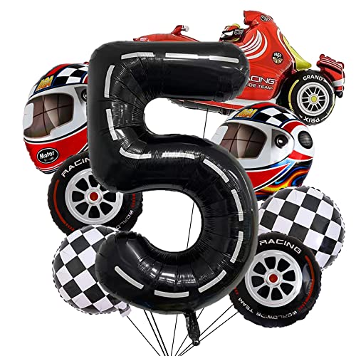 Stcomart 8 Pcs Race Car Party Decorations, Black Number 5 Balloon Checkered Balloons Tire Balloons For Boys 5Th Birthday #TOP4