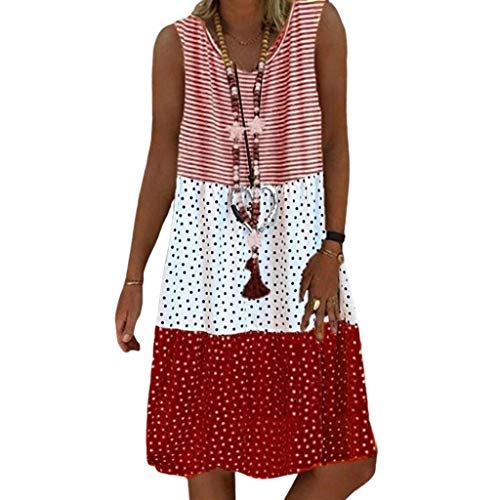 UNWSTYU ärmelloses Sommerkleid für Damen, lockeres Midi-Kleid, langes Kleid, gestreift, gepunktet, dreifarbig Gr. XXXXXL, rot Cover