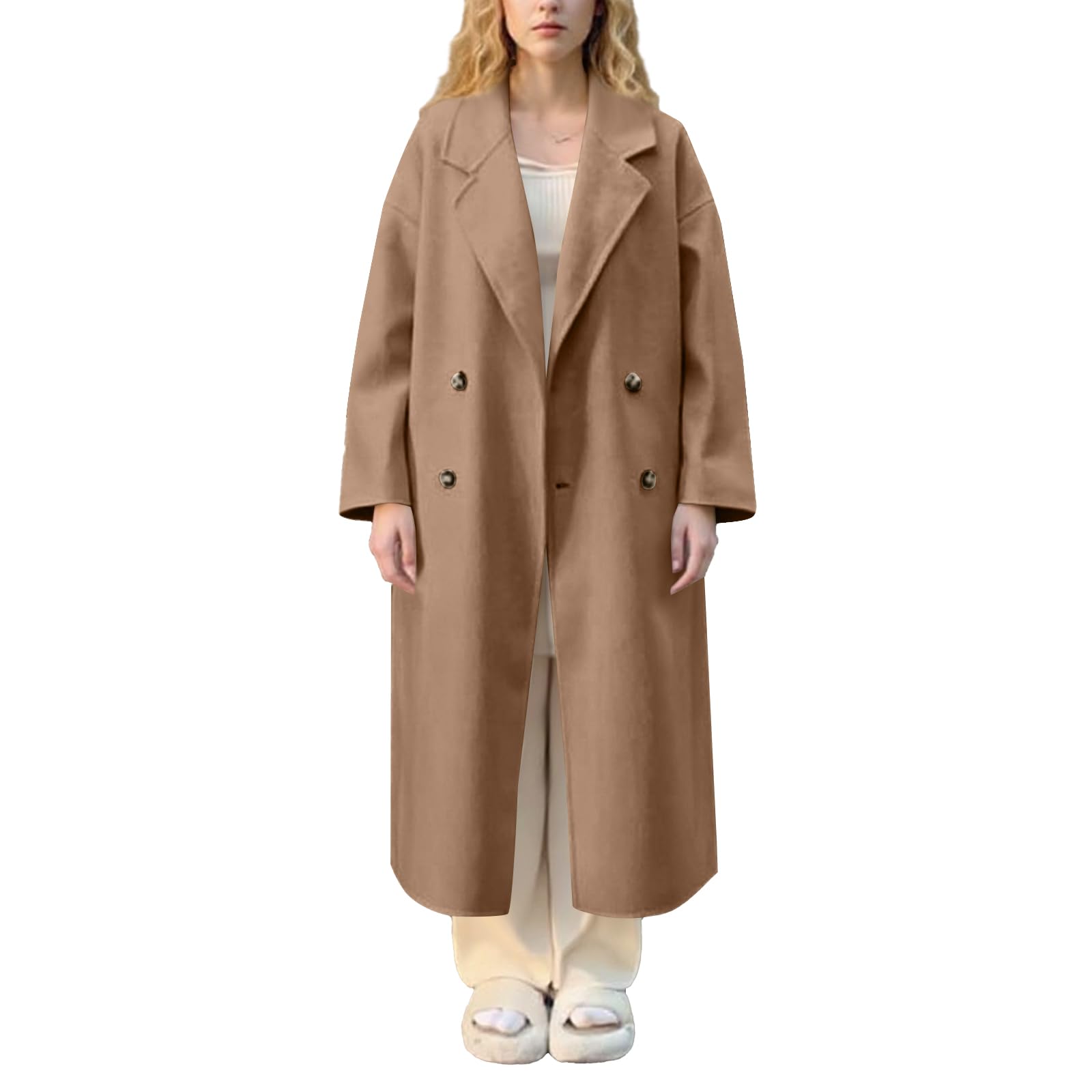 Generisch Wintermantel Damen Lang Wollmantel Winter Warm Mantel Elegant Damenmantel Einfarbig Trenchcoat Mit Knöpfen Wintercoat Langarm Übergangsjacke Kuschelig Revers Jacke Ohne Kapuze Winterjacke