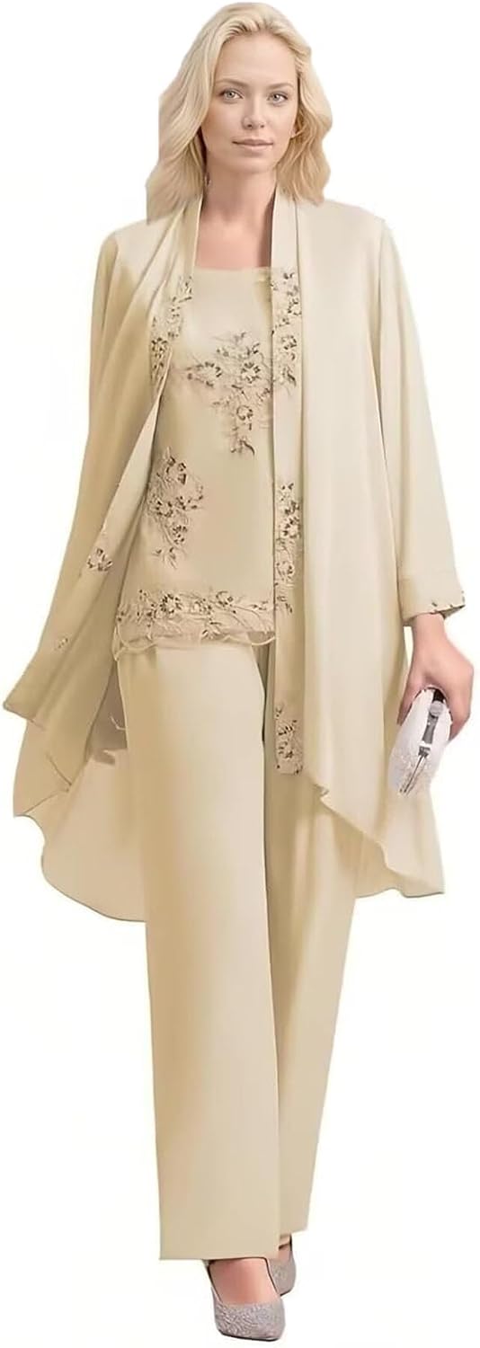 Women's 3 Pcs Mother of Bride Pant Suits for Wedding Guest Lace Applique Chiffon Formal Pantsuits with Jacket
