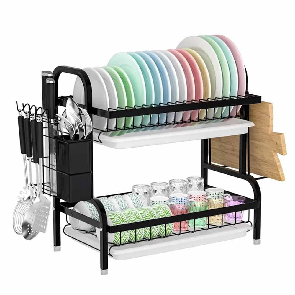 Blendra Black Dish Drainer Rack-Draining Board Rack With Drip Tray & Rotate Drainage Spout,Dish Rack For Kitchen Counter,Dish Drying With Cups, Utensil & Cutting,2-Tier(B)