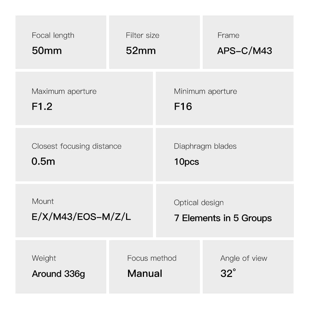 TTARTISAN 50mm F1.2 Objectif APS-C Objectif Fixe à Grande Ouverture et Mise au Point Manuelle Compatible avec Les appareils Fuji X Mount