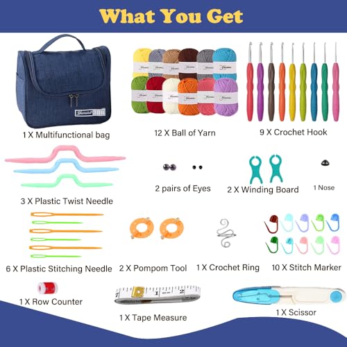 Knitiss Crochet Kits for Beginners Adults, All in One Crochet Starter Kit with 12 Pcs Crochet Yarn, 9 Size Ergonomic Crochet Hooks 2.0mm~6.0mm