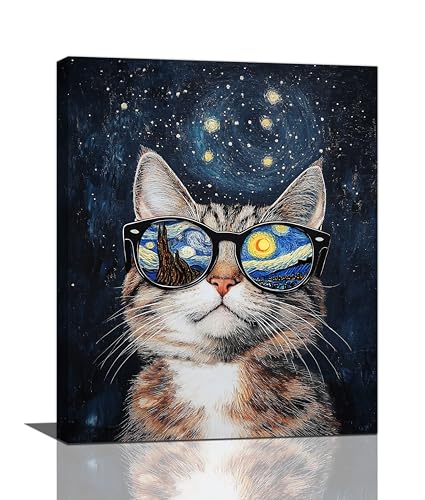 Funny Cat Wall Art Cute Cat Bathroom Canvas Wall Decor Starry Night Glasses Pictures Paintings Prints Artwork Framed Decorations For Bedroom Living Room Gifts 16" x 20"