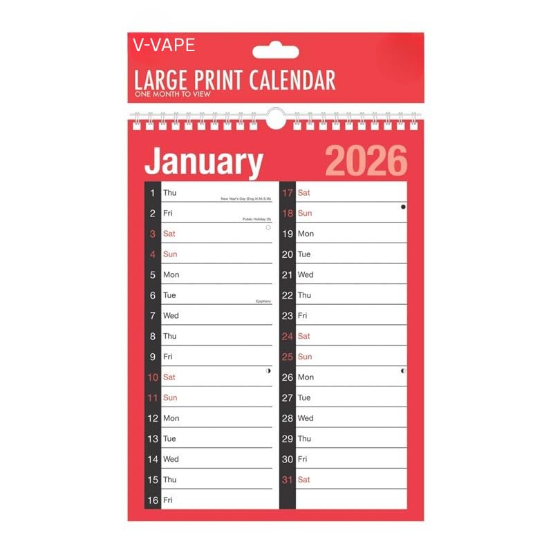 V-VAPE 2026 A4 2 Column Spiral Bound Month Wall Planner Calendar for Home Business Office School