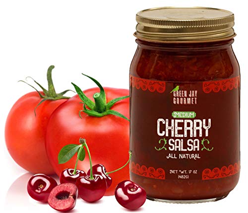 Green Jay Gourmet Cherry Salsa - Cherry-Flavored Fruit Salsa - Medium Heat Picante Salsa - Gourmet Salsa Dip with No Preservatives - Gluten-Free, MSG-Free, Small Batch Natural Salsa Sauce - 17 Ounces