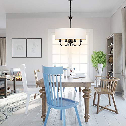 T&A Traditional 5-Light Chandelier With White Linen Drum Shade,20" Simple Chain Pendant Light Lights For Foyer Dining Room Living Room #TOP7