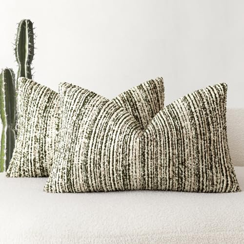 Image of Foindtower Set of 2 Faux Fur Textured Modern Throw Decorative Pillow Covers Lumbar Accent Striped Cushion Sherpa Boho Farmhouse Pillowcase for Couch Sofa Living Room Home Decor 12x20 Inch,Dark Green