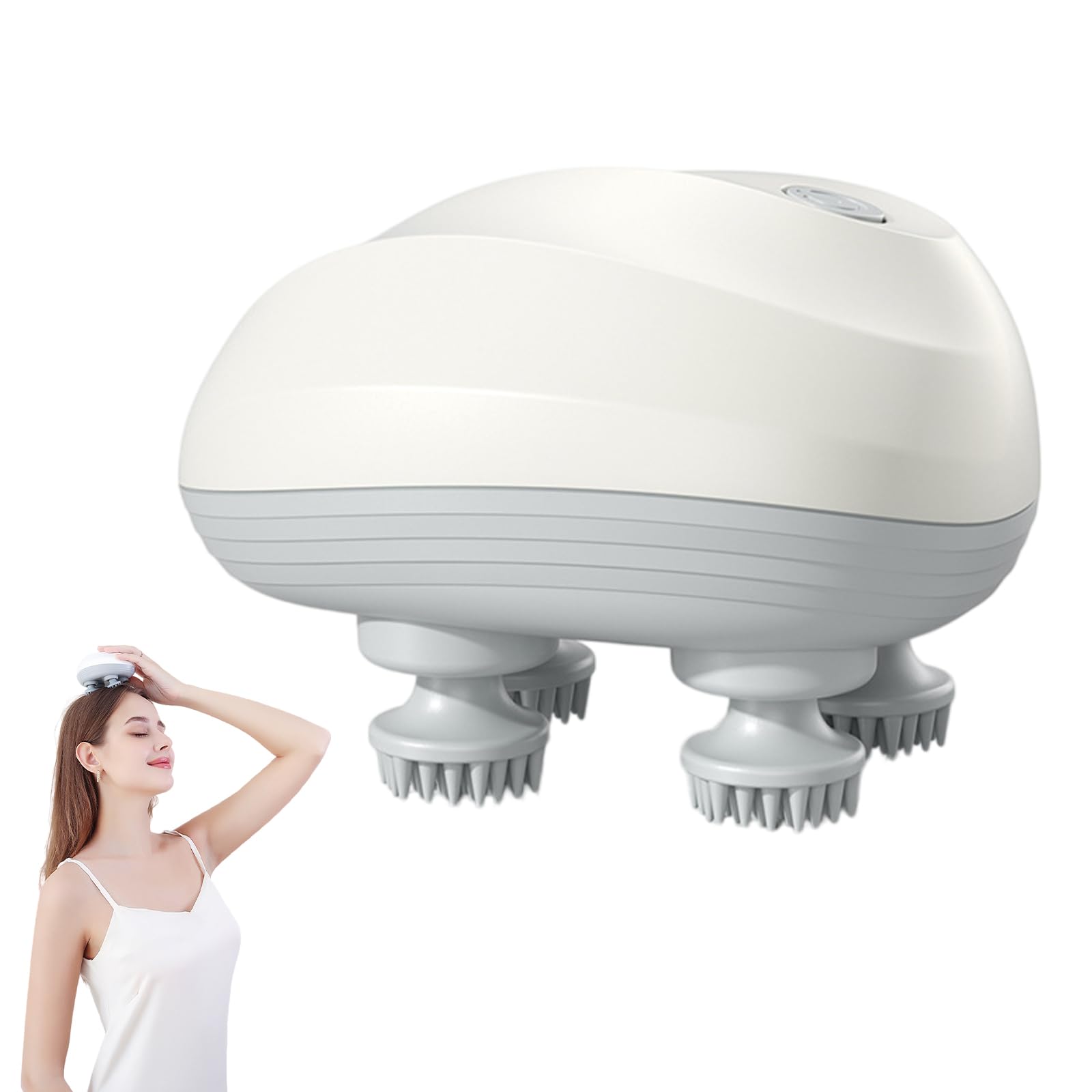 Masajeador de cuero cabelludo: masajeador eléctrico blanco con 3 modos de amasado y 4 cabezales de masaje de amasado, masajeador de cabeza impermeable, masajeador de cuero cabelludo de mano