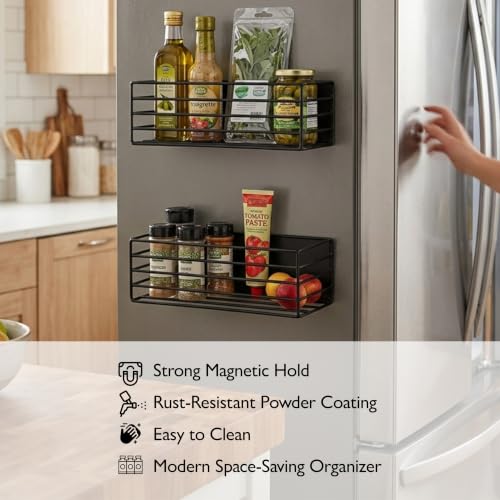 Image of Amazon Basics Magnetic Organizer for Fridge Space-Saving side Storage (27.5 x 11 X 7.5 cm, Iron, Black), Set of 2, Load Capacity: 1.5Kg