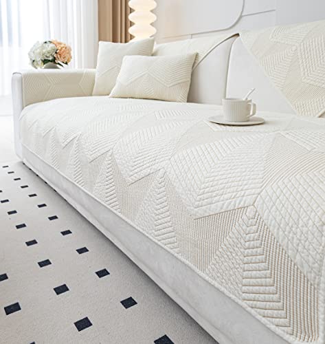 vctops Farmhouse Solid Color Embroidery Sofa Couch Cover Cotton Quilted Sectional Couch Covers Washable Non Slip Sofa Slipcover for Dogs, Children, Pets Furniture Protector (Cream,28'x28')