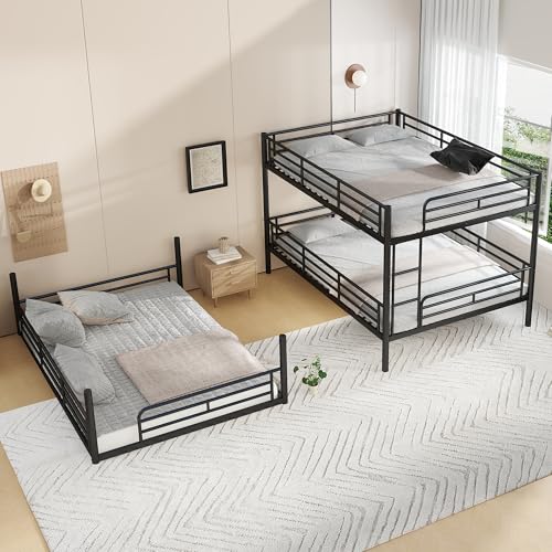 Image of Queen Over Queen Over Queen Bunk Bed with Safety Guardrails, Modern Metal Triple Bed Frame for Kids, No Box Spring Required, Black