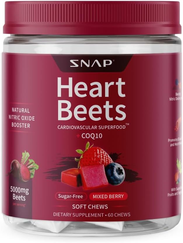 Heart Beets Beet Root Soft Chews, Cardiovascular Support Supplement for Men & Women, CoQ10 & Acai, Energy & Circulation Support, Sugar Free, Mixed Berry, 60 Soft Chews