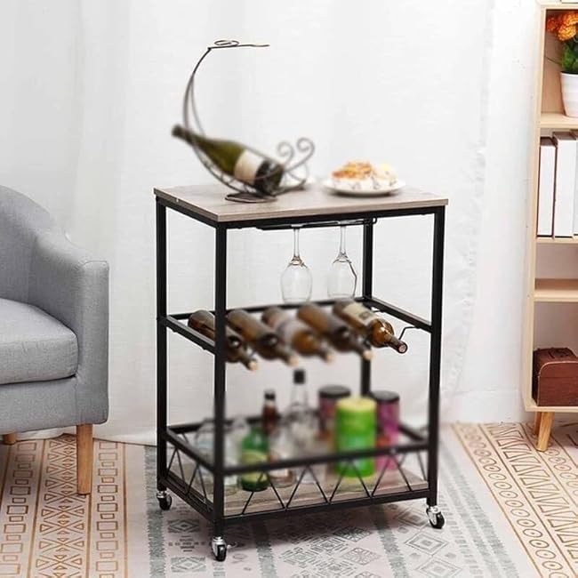Multifunctional Rolling Kitchen Storage Trolley with Wine Rack and Wood Dining Car-RHPMo4Zr