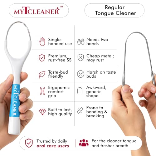 Image of MyTCleaner | Tongue Cleaner for Adults | Stainless Steel Tongue Scraper | Helps Freshen Breath & Supports Oral Hygiene | Rust-Free | Dentist-Designed | Pack of 2 (Blue & Peach)