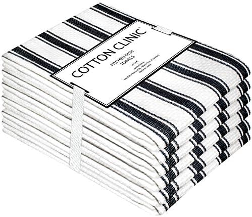 Cotton Clinic Vintage Stripe 100% Cotton Kitchen Dish Towels 6 Pack 16x26, Dish Cloths, Bar Towels, Tea Towels and Cleaning Towels, Kitchen Towels with Hanging Loop, Black White
