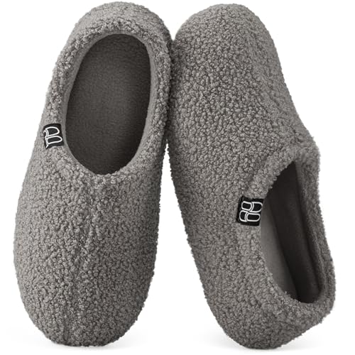 HomeTop Women's Fuzzy Curly Fur Memory Foam Loafer Slippers Bedroom House Shoes with Polar Fleece Lining (9-10, Grey)