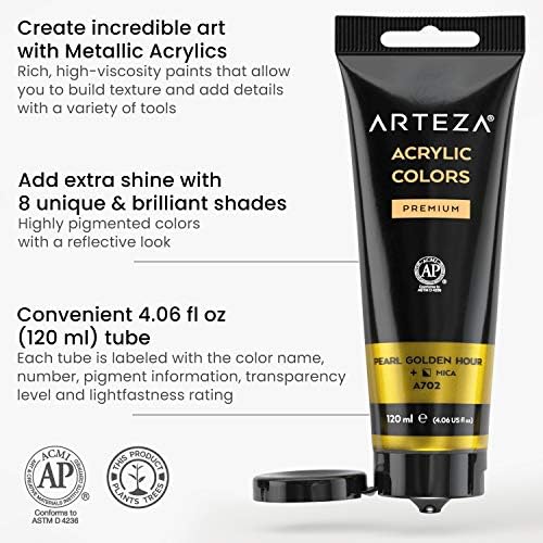 ARTEZA Metallic Acrylic Paint, Set of 8 Jewel Tones Colours in 120 ml Tubes, Rich Pigments, Non Fading, Non Toxic Paints for Artists & Hobby Painters, Art Supplies for Canvas Painting & Crafts
