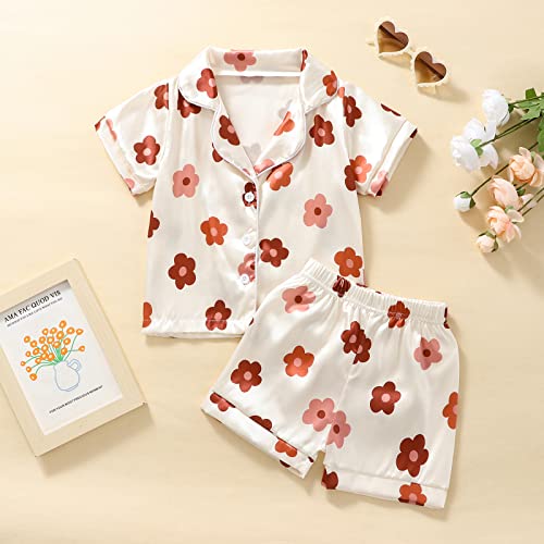 Qiylii 1-6Y Toddler Girls Floral Silk Pajamas Short Sleeve Button-Up Top Shorts Summer 2PC Flowers Satin Pajamas Set2