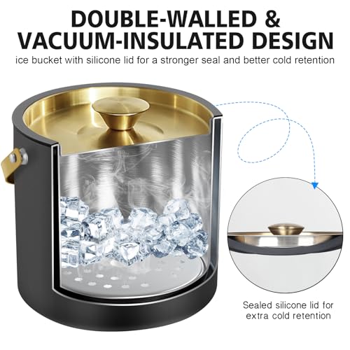 3.2L Modern Insulated Ice Bucket with Silicone Lid, Scoop, Strainer, Double Wall Stainless Steel Ice Bucket for Parties & Cocktail Bar,Ideal for Gift(Black) - Image 3
