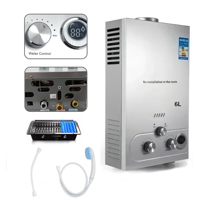 Gas-Durchlauferhitzer, Propan, LPG, 6 l/8 l, sofortiger Wassererhitzer, mit Winter- und Sommermodi, 16 kW, 2800 Pa, Durchlauferhitzer ohne Tank mit Duschset, Überhitzungsschutz (6 l)