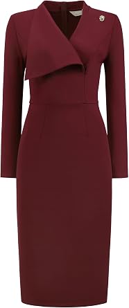 Hobemty Womens Lapel V Neck Long Sleeve Work Knee Length Pencil Dress | Lapel V neck, long sleeve, slip back. Great for work, meeting, cocktail, funeral, church, wedding.