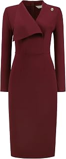 Hobemty Women's Lapel V Neck Long Sleeve Work Knee Length Pencil Dress