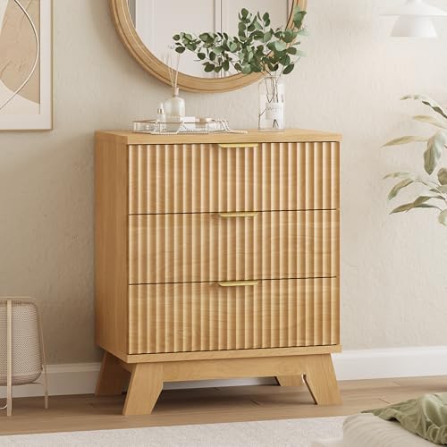 Image of Fluted Dresser for Bedroom with 3 Drawers, 24 inch Wide Modern Chest of Drawers with Metal Handle, Wooden Dresser TV Stand, Wood Closet Clothes Storage Organizer for Living Room, Hallway, Natural Oak
