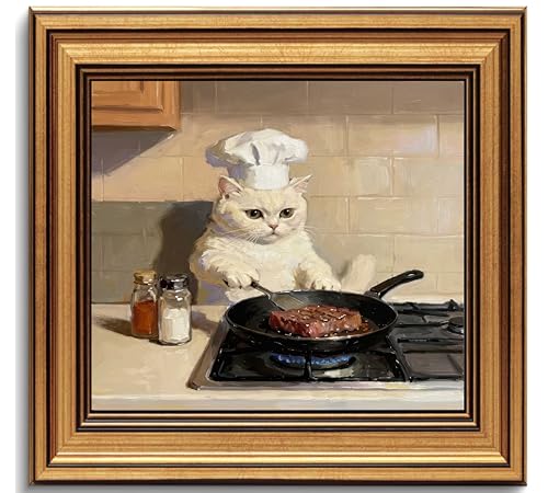 Framed Funny Cat Chef Canvas Wall Art Vintage Kitchen Wall Decor 12x12 In