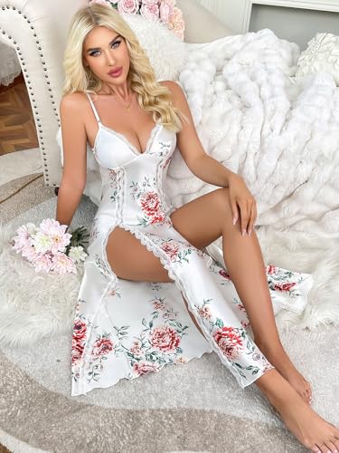 Image of CRIPOM Silk Lingerie Dress for Women Long Nightgowns for Women Sexy Chemise with Thong 2 Piece S-XXL