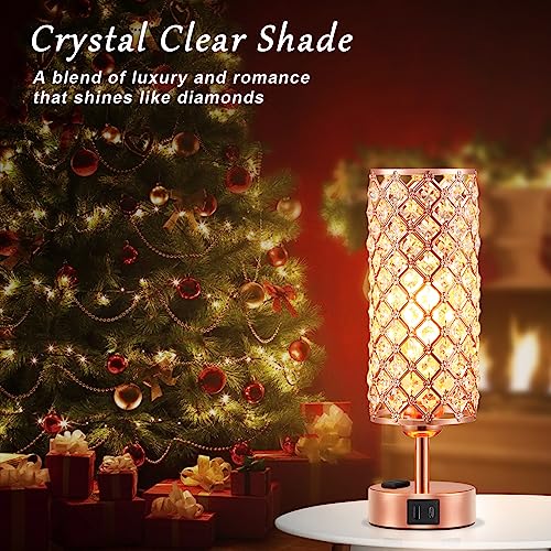 Image of Hong-in Rose Gold Lamp Set of 2, 3-Way Crystal Table Lamp Touch Control with USB-C+A & AC Ports, Dimmable Nightstand Desk Light, Pink Bedside Table Lamp for Bedroom(Bulb Included & Set of 2)