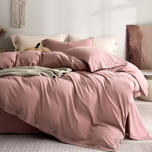 Image of JELLYMONI 100% Washed Cotton Duvet Cover King - Soft, Breathable Linen-Look Bedding with Natural Wrinkle Texture, Button Closure, 3-Piece Set (Darker Rose, 104 inchx90 inch)
