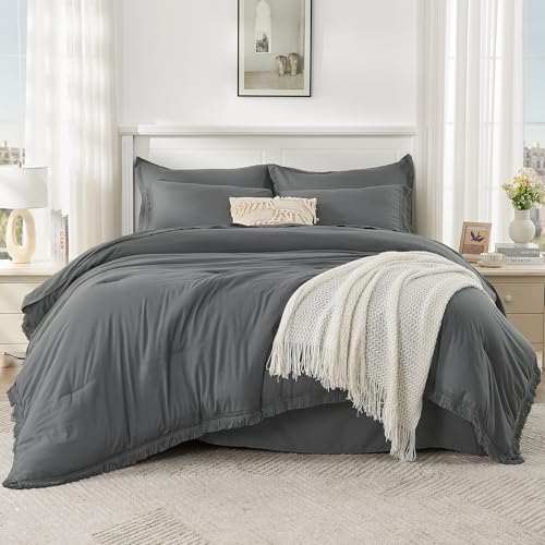 Image of Andency Dark Grey Full Size Comforter Set with Sheets - 7 Pieces Boho Tassel Bed in a Bag Soft Lightweight Bedding Sets, Dark Grey Fringe Bed Set with Comforter, Sheets, Pillowcases & Shams