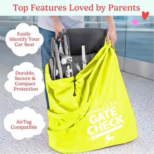 Image of J.L. Childress Gate Check Bag for Single & Some Double Strollers - Travel Bag for Airplane, Fits Most Standard Baby Strollers, Airport Accessories Gate Check, Flying Essentials - Neon Yellow