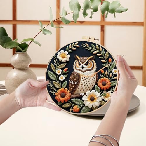 Image of Ohcol Embroidery Kit Cross Stitch Kits for Beginners Needlepoint Kits for Adults Needle Point Kits with Owl & Hoop