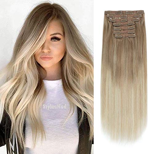 Lovrio Remy Human Hair Clip in Extensions, Balayage Ash Brown/Light Chestnut Brown Fading to Dirty Blonde and Platinum Blonde B8-18-60 16 inch 120g 7 pieces 18 clips