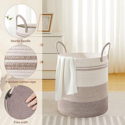 Image of 53L Tall Cotton Rope Laundry Basket with Handles, Brown Striped