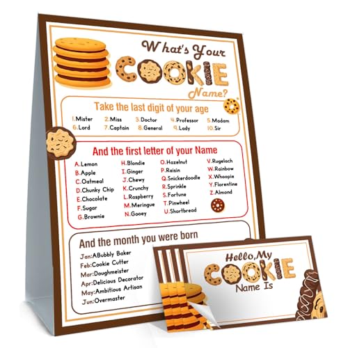 Funny Cookie Theme Game Cards Set - What's Your Cookie Name? Includes Sign & 30 Name Stickers - Perfect for Birthday Parties